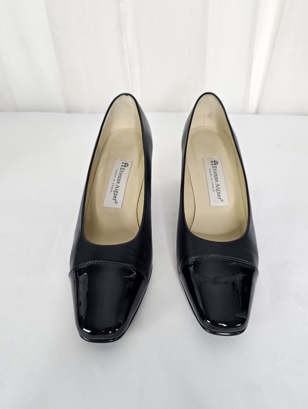 Etienne Aigner Strada Black Leather Cap Toe Block Heel Pumps - Picture 4 of 10